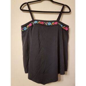 Fit 4 U Fit‎ UR Tummy Black Folkloric Print Square Floral Swimsuit Top Women 14